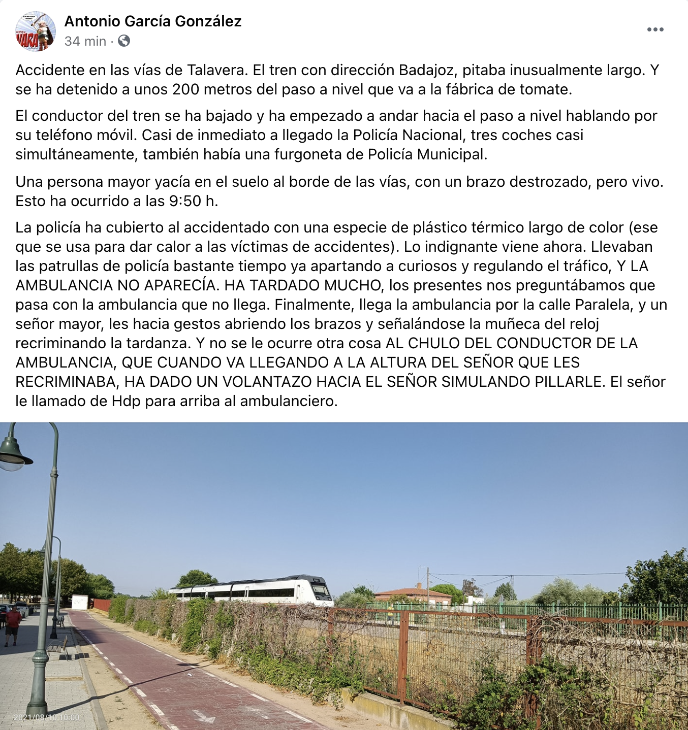 Publicación en Facebook de un testigo del accidente