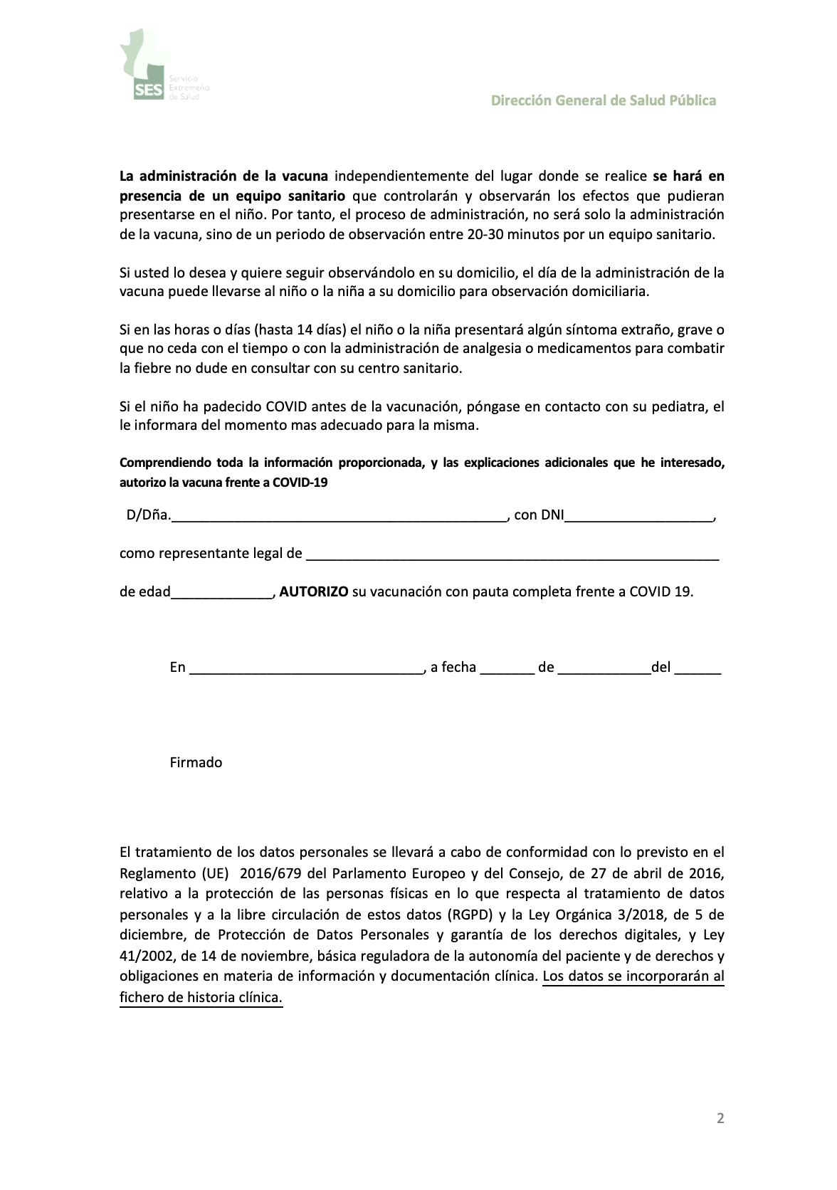 Documento de autorización de vacunación frente al COVID-19