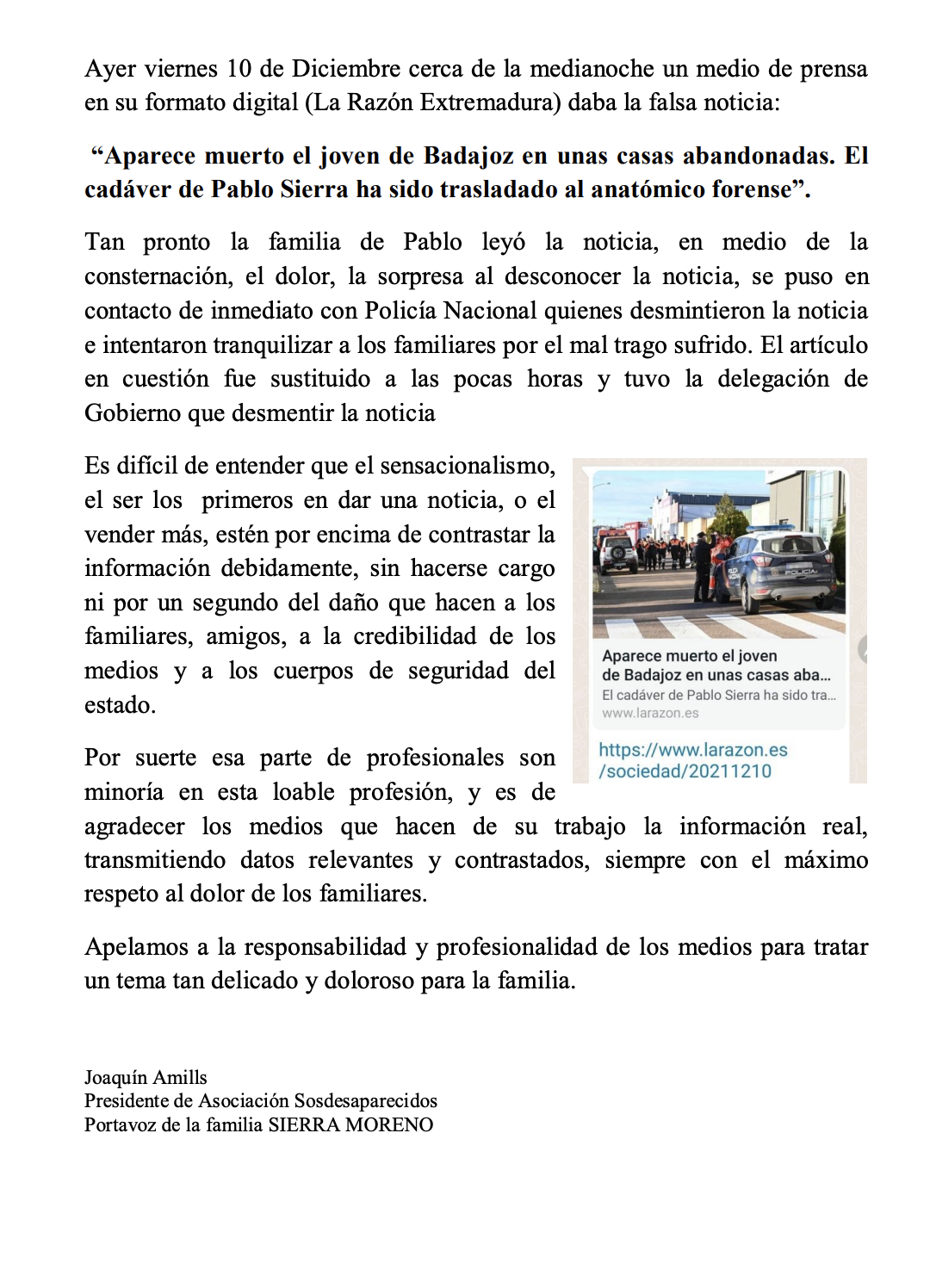 Comunicado de la familia de Pablo Sierra