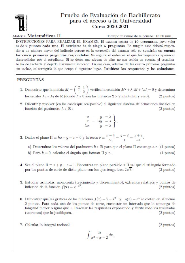 Primera parte del examen de Matemáticas II