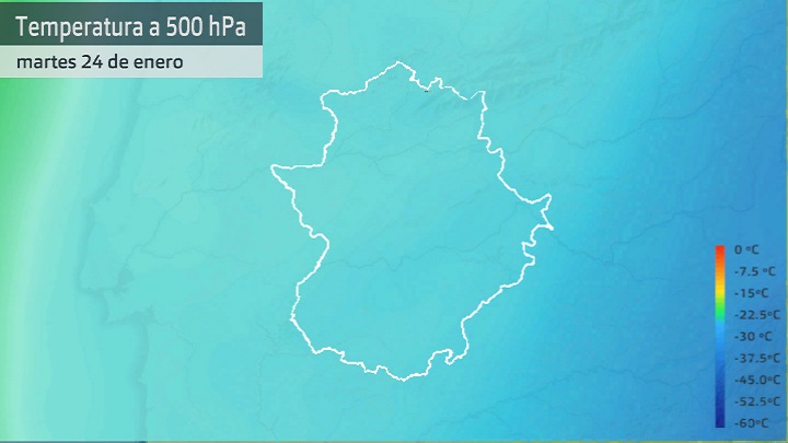 Temperaturas a 500 hPa (5.500 m. aprox.) para hoy martes 24 de enero a las 9 h.