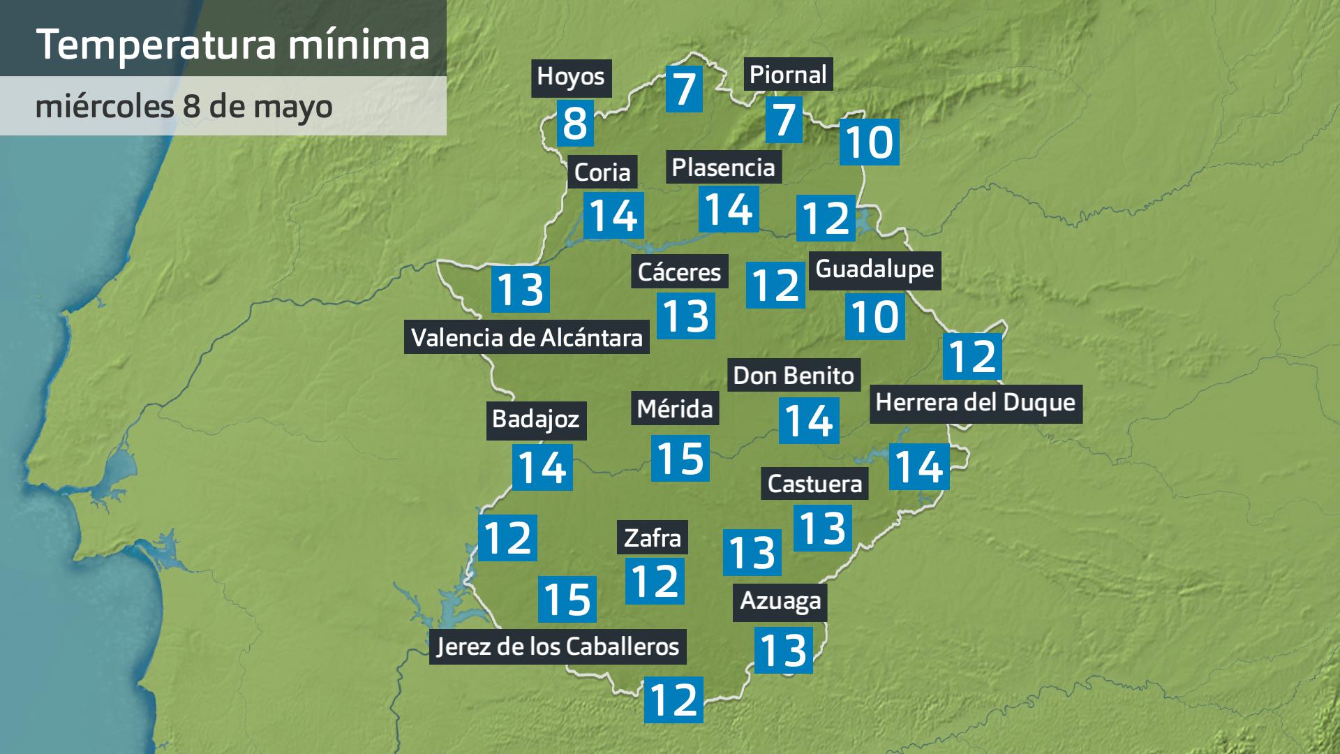 Temperatura mínima miércoles 8 de mayo. Datos hasta las 8:20 h. Aemet, Meteoclimatic et al.