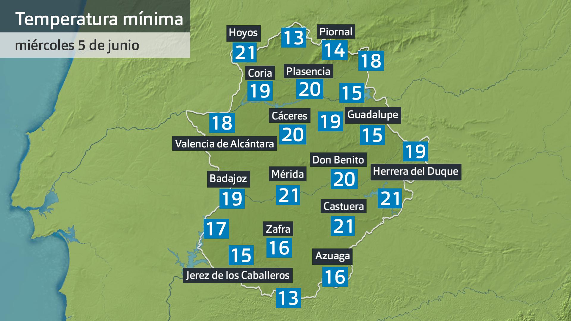 Temperatura mínima miércoles 5 de junio. Datos hasta las 7:45 h. Aemet, Meteoclimatic et al.