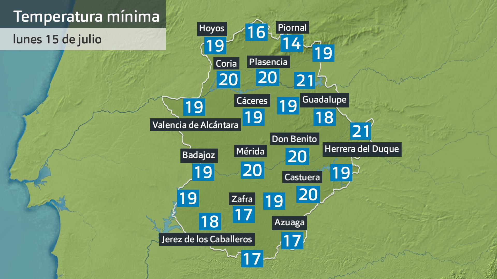 Temperatura mínima lunes 15 de julio. Datos hasta las 6:45 h. Aemet, Meteoclimatic et al.