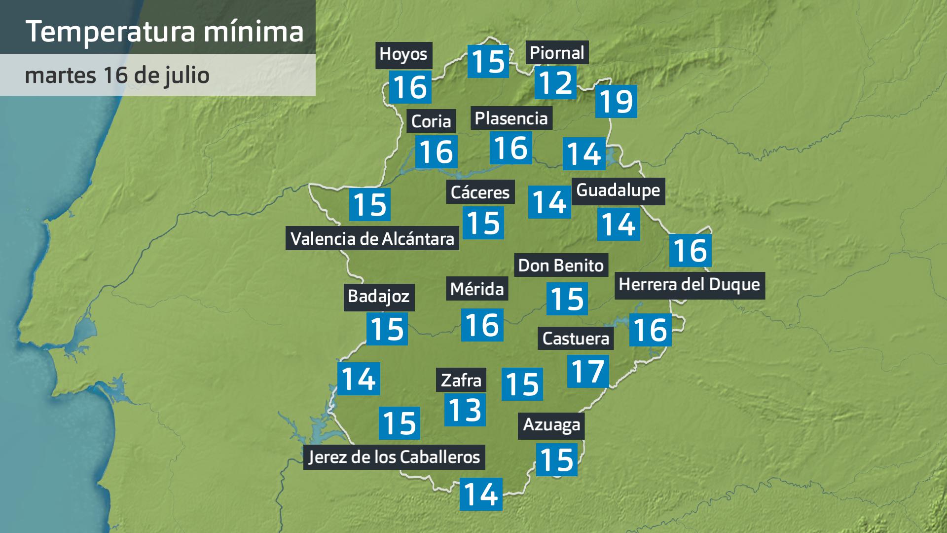 Temperatura mínima martes 16 de julio. Datos hasta las 6:45 h. Aemet, Meteoclimatic et al.