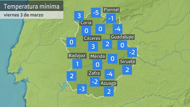 Temperatura mínima viernes 3 de marzo. Datos hasta las 6:30 h. Aemet, Meteoclimatic et al.