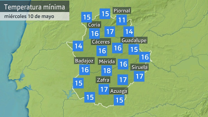 Temperatura mínima miércoles 10 de mayo. Datos hasta las 6:30 h. Aemet, Meteoclimatic et al.