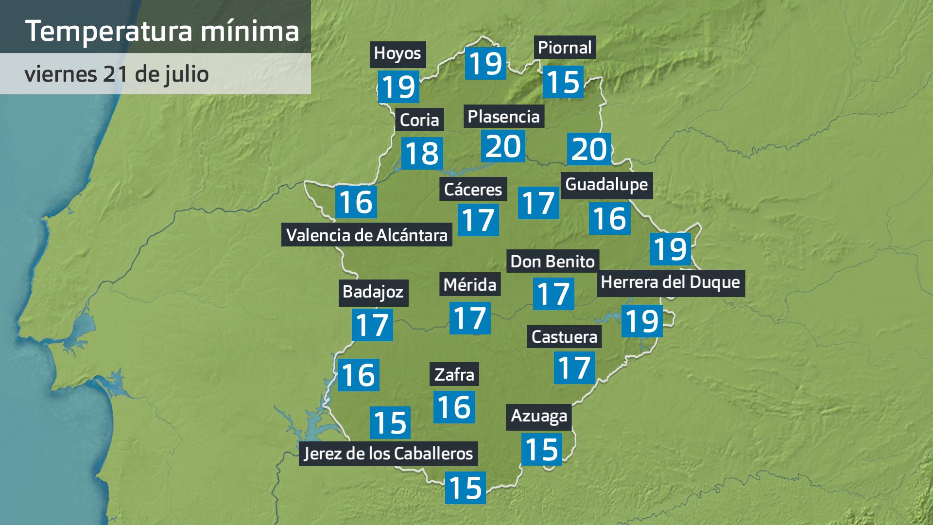 Temperatura mínima viernes 21 de julio. Datos hasta las 6:30 h. Aemet, Meteoclimatic et al.