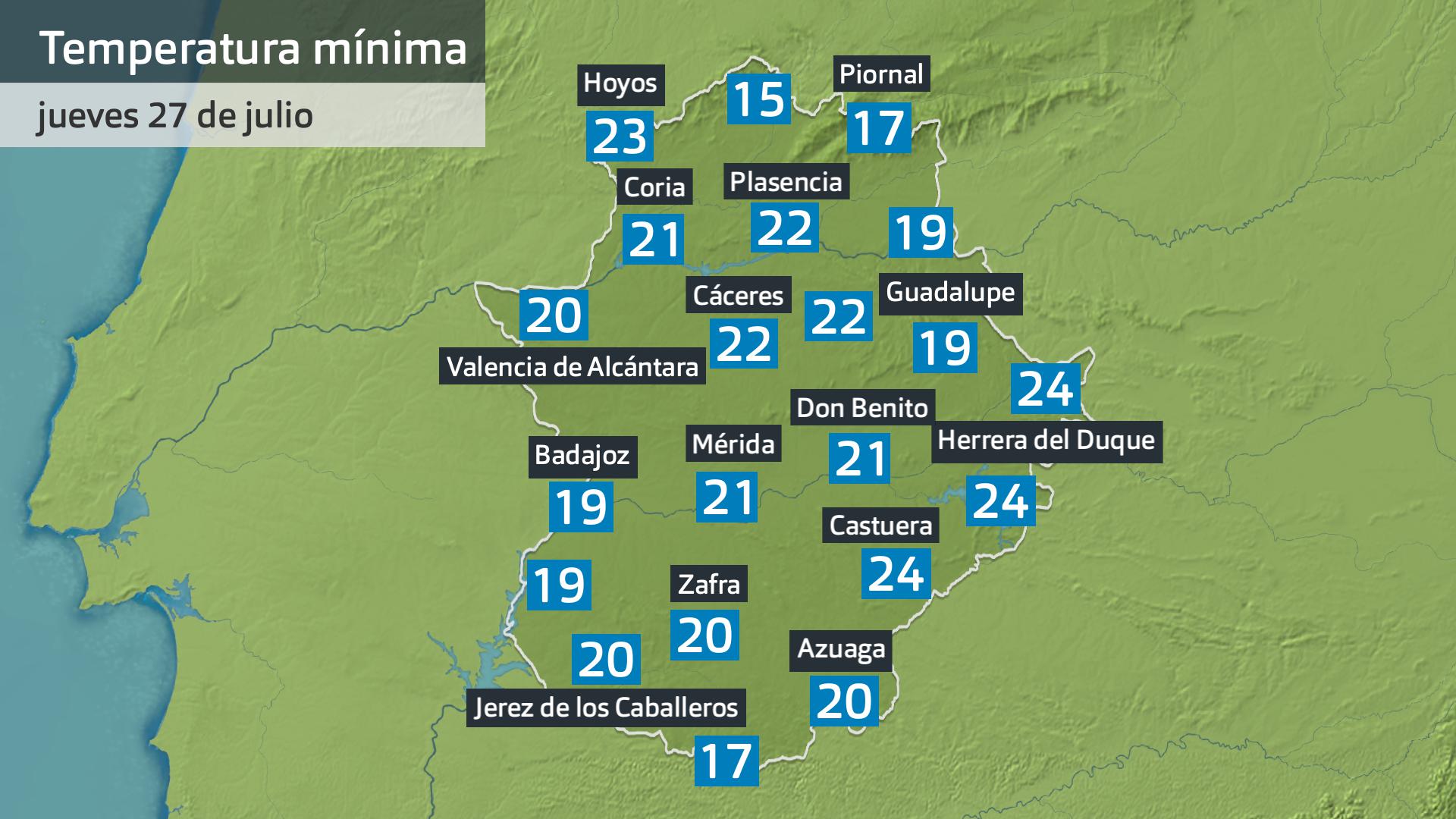 Temperatura mínima jueves 27 de julio. Datos hasta las 6:30 h. Aemet, Meteoclimatic et al.