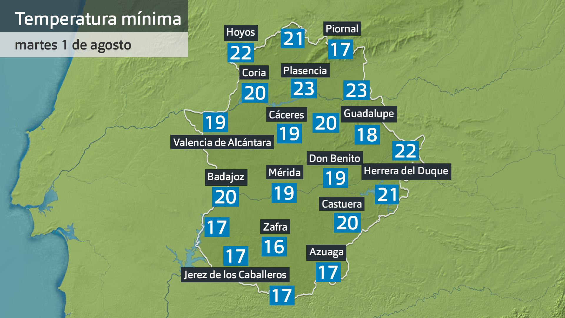 Temperatura mínima martes 1 de agosto. Datos hasta las 6:30 h. Aemet, Meteoclimatic et al.