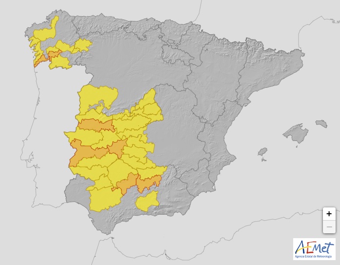 Mapa de la España peninsular con los avisos por altas temperaturas