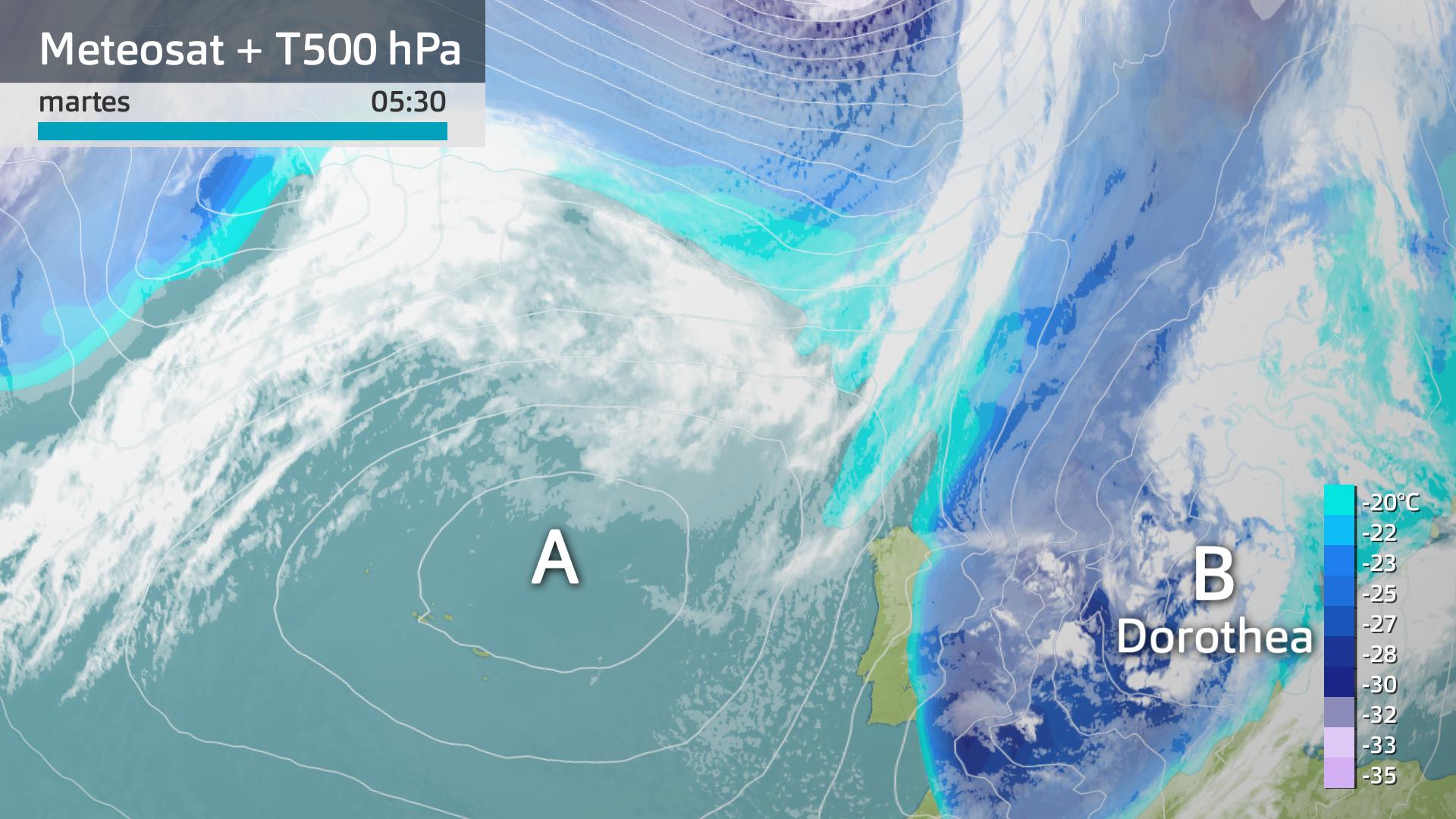 Imagen del Meteosat + mapa de superfcie + temperatura a 500 hPa martes 27 de febrero 5:30 h.