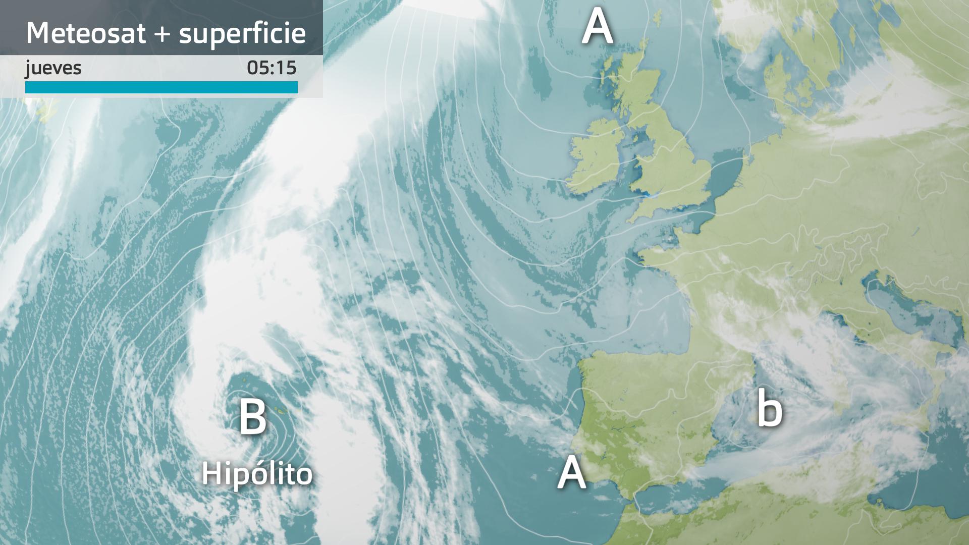 Imagen del Meteosat + mapa de superficie jueves 11 de enero 5:15 h.
