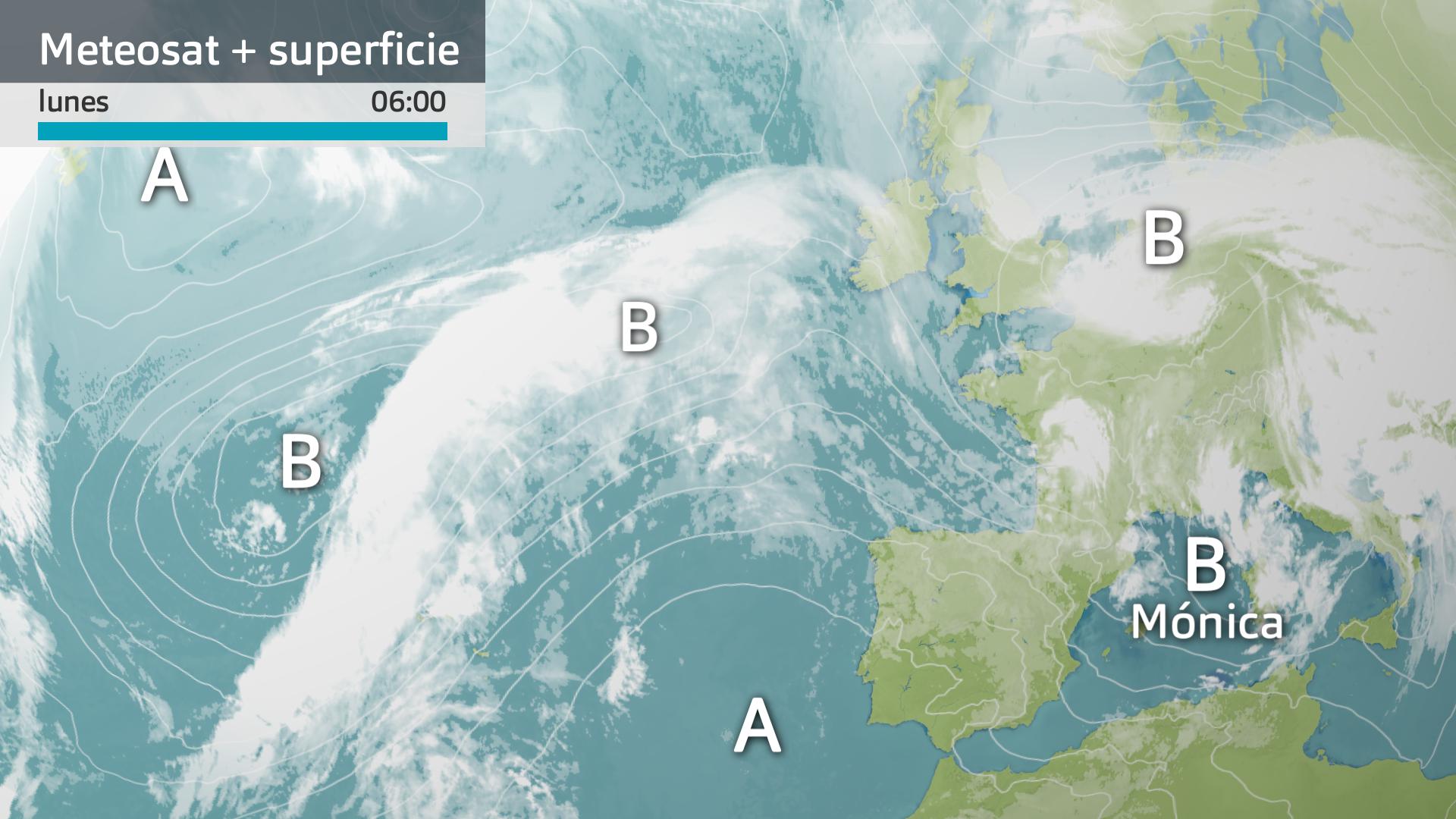 Imagen del Meteosat + mapa de superficie lunes 11 de marzo 6 h.