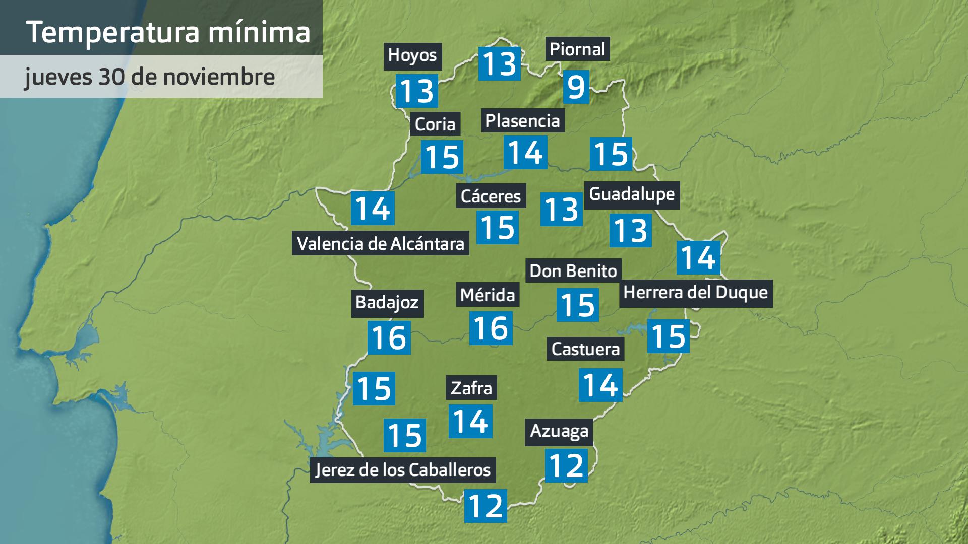 Temperatura mínima jueves 30 de noviembre. Datos hasta las 6:30 h. Aemet, Meteoclimatic et al.