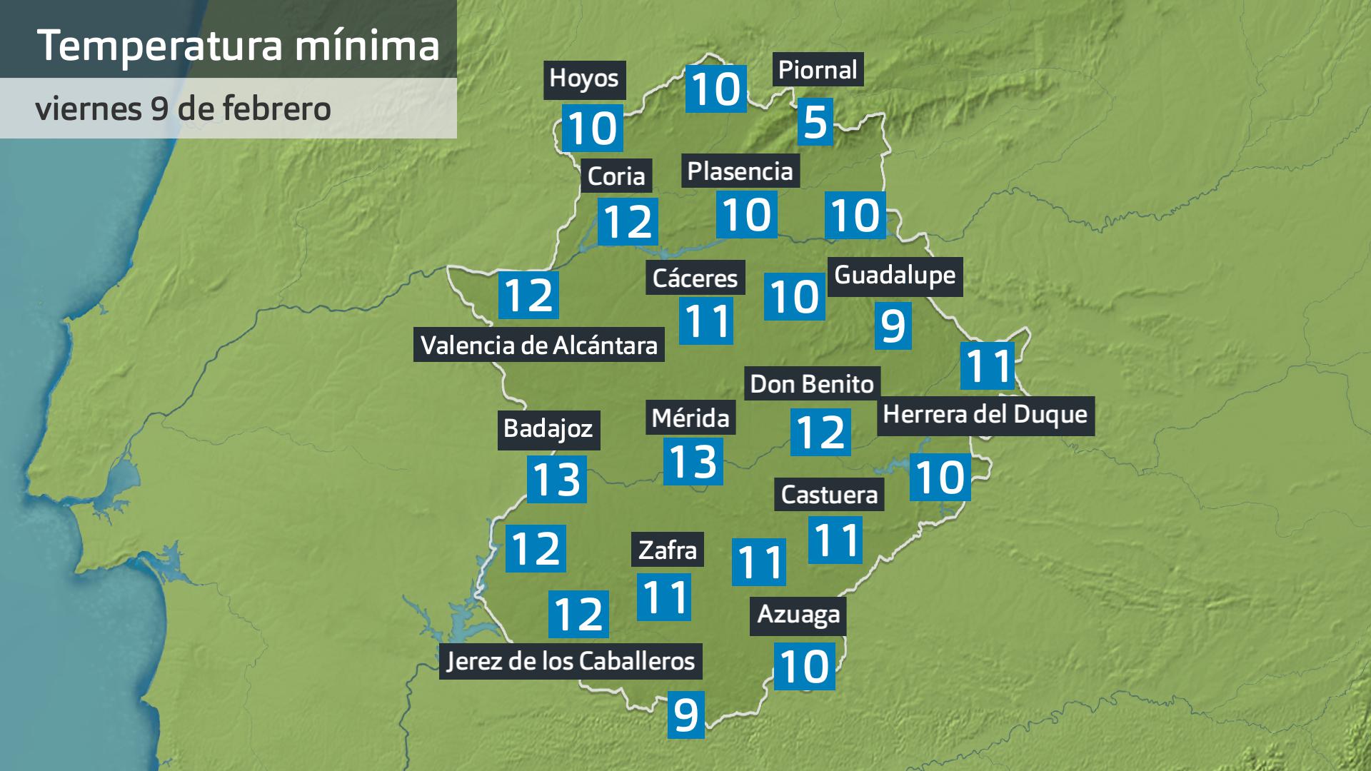 Temperatura mínima viernes 9 de febrero. Datos hatsa las 6:30 h. Aemet, Meteoclimatic et al.