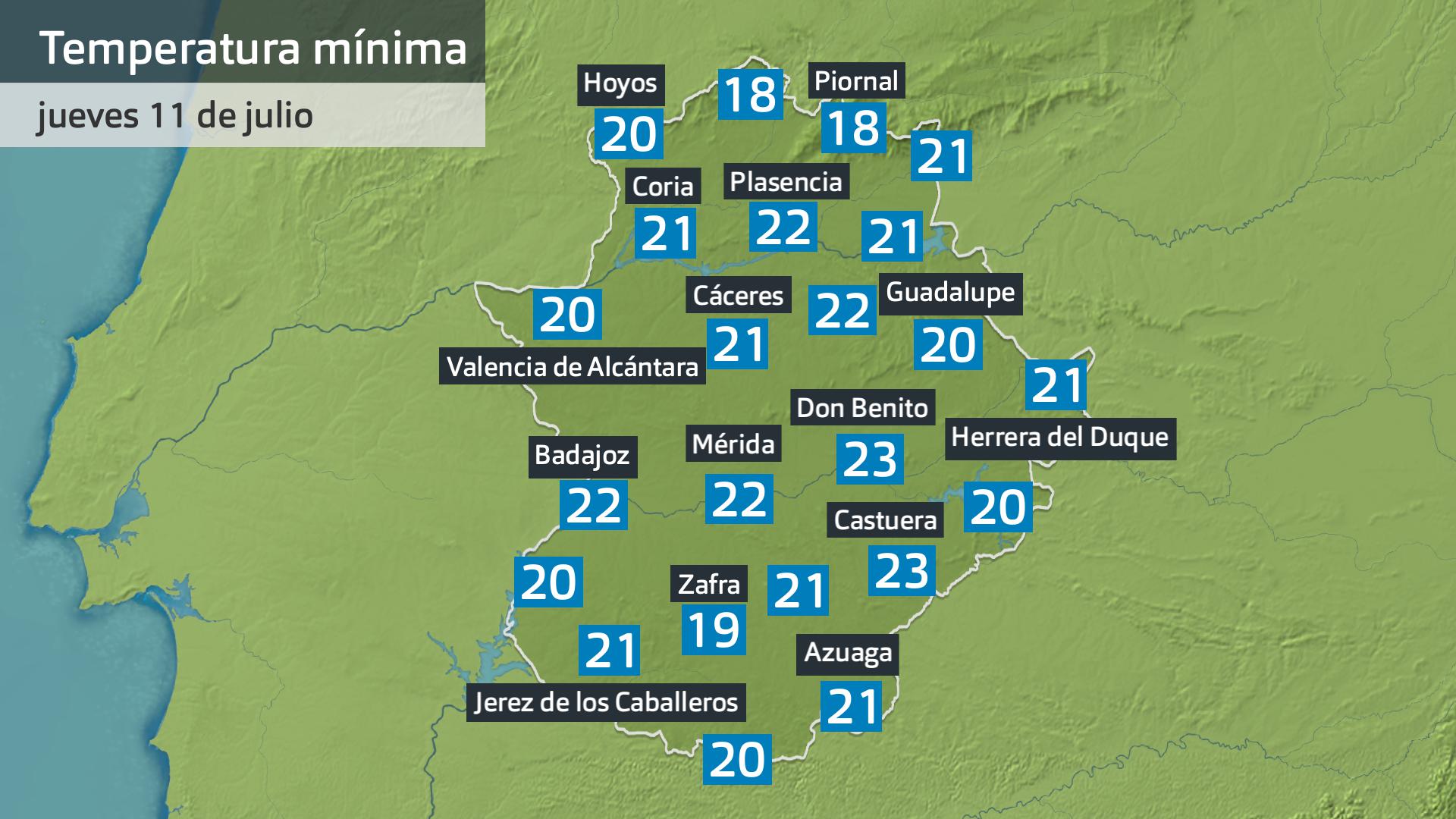 Temperatura mínima jueves 11 de julio. Datos hasta las 6:45 h. Aemet, Meteoclimatic et al.