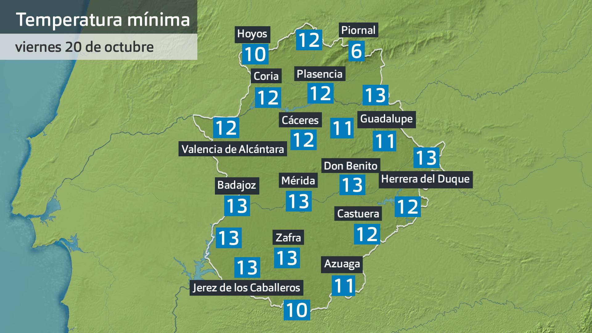 Temperatura mínima viernes 20 de octubre. Datos hasta las 6:30 h. Aemet, Meteoclimatic et al.