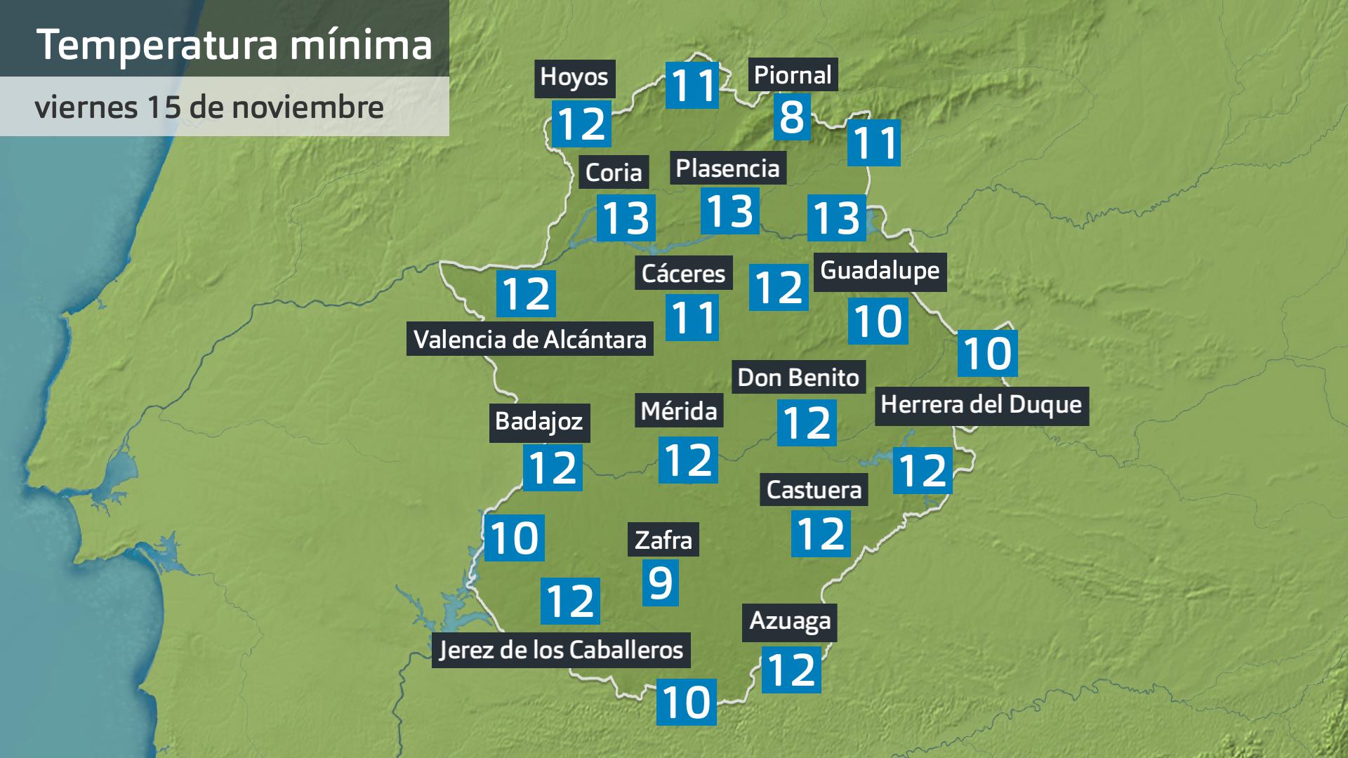 Temperatura mínima viernes 15 de noviembre. Datos hasta las 6:45 h. Aemet, Meteoclimatic et al.