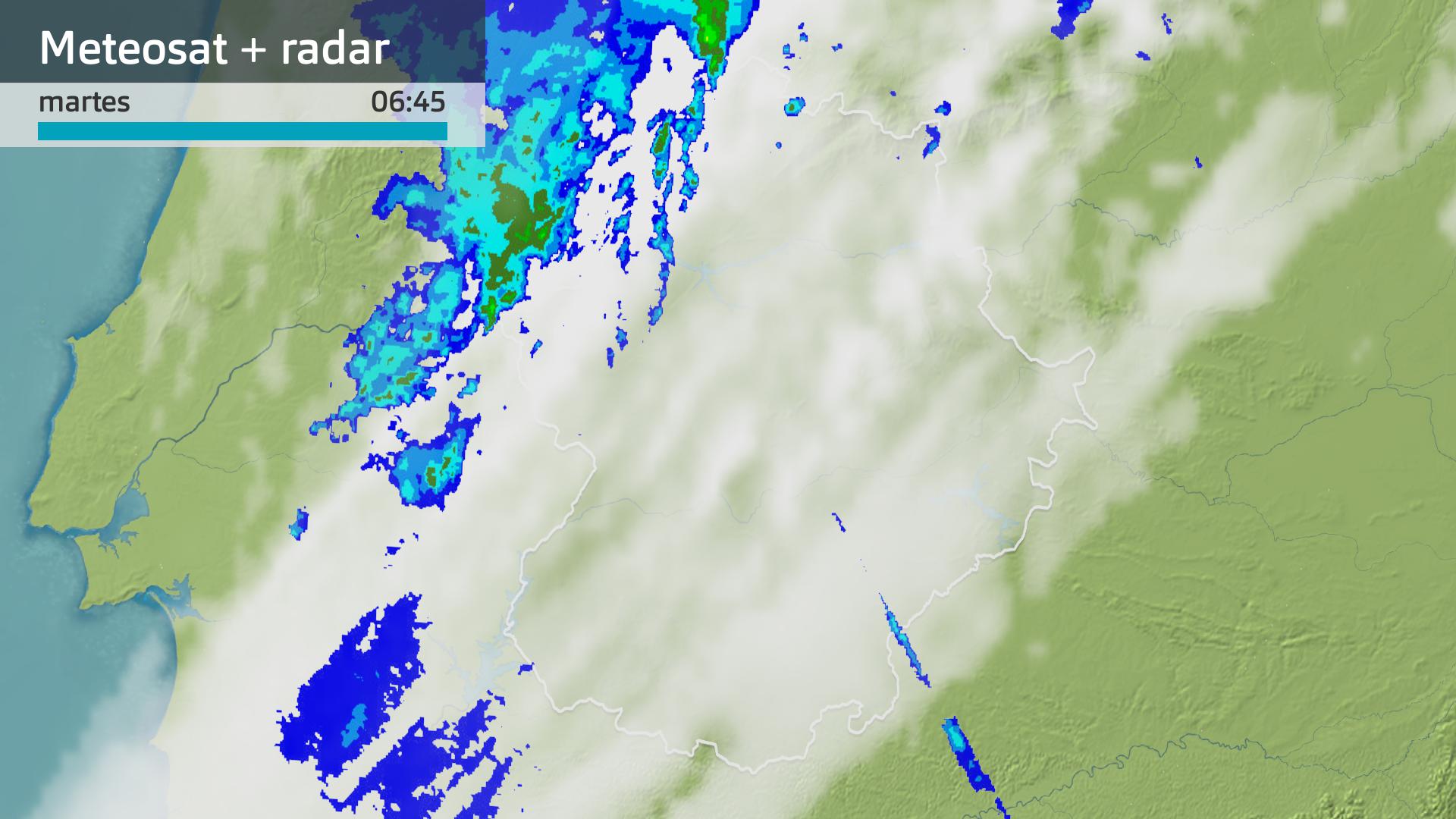 Imagen del Meteosat + radar meteorológico martes 18 de junio 6:45 h.