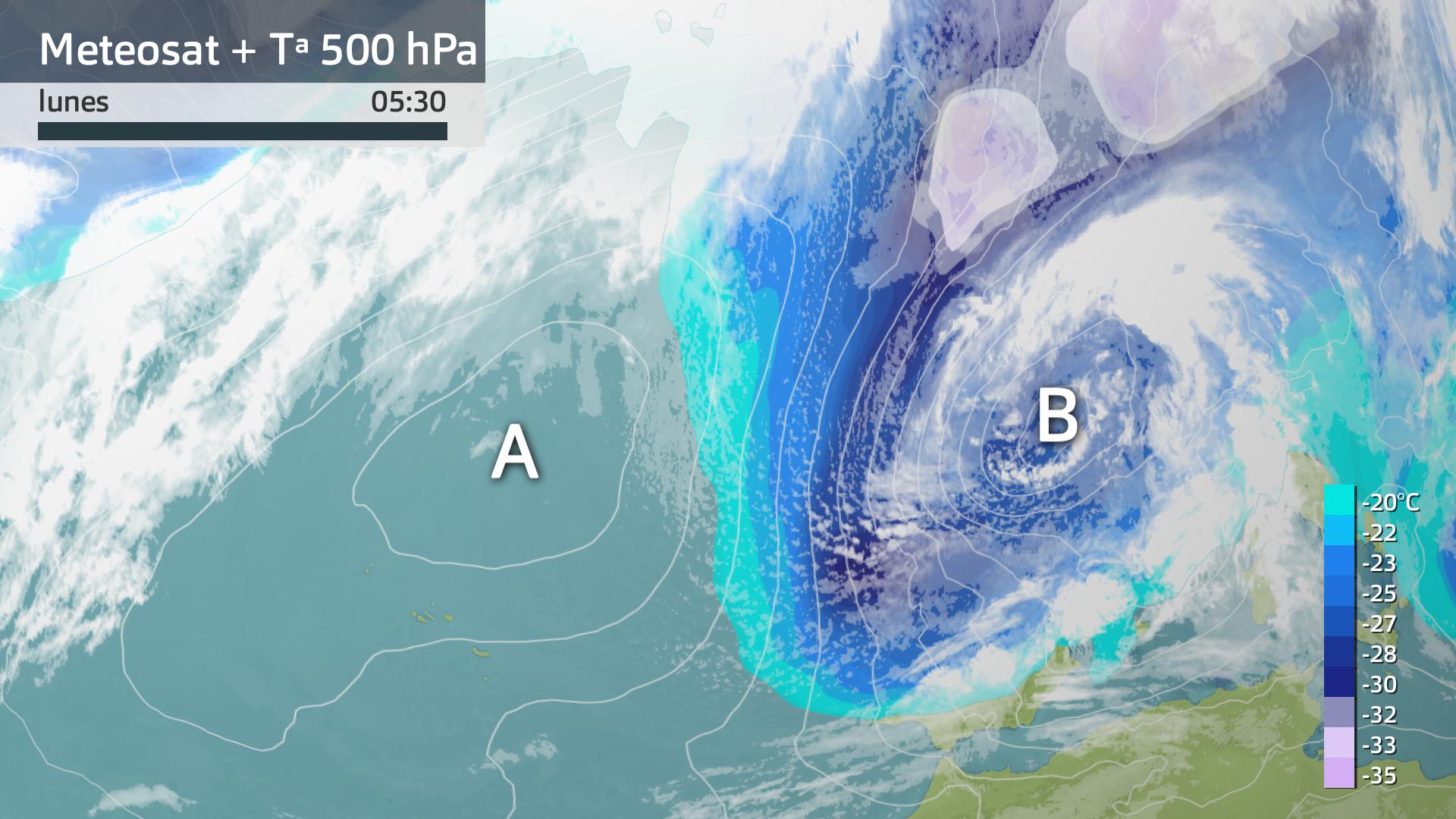 Imagen del Meteosat + mapa de superficie + temperatura a 500 hPa lunes 26 de febrero 5:45 h.