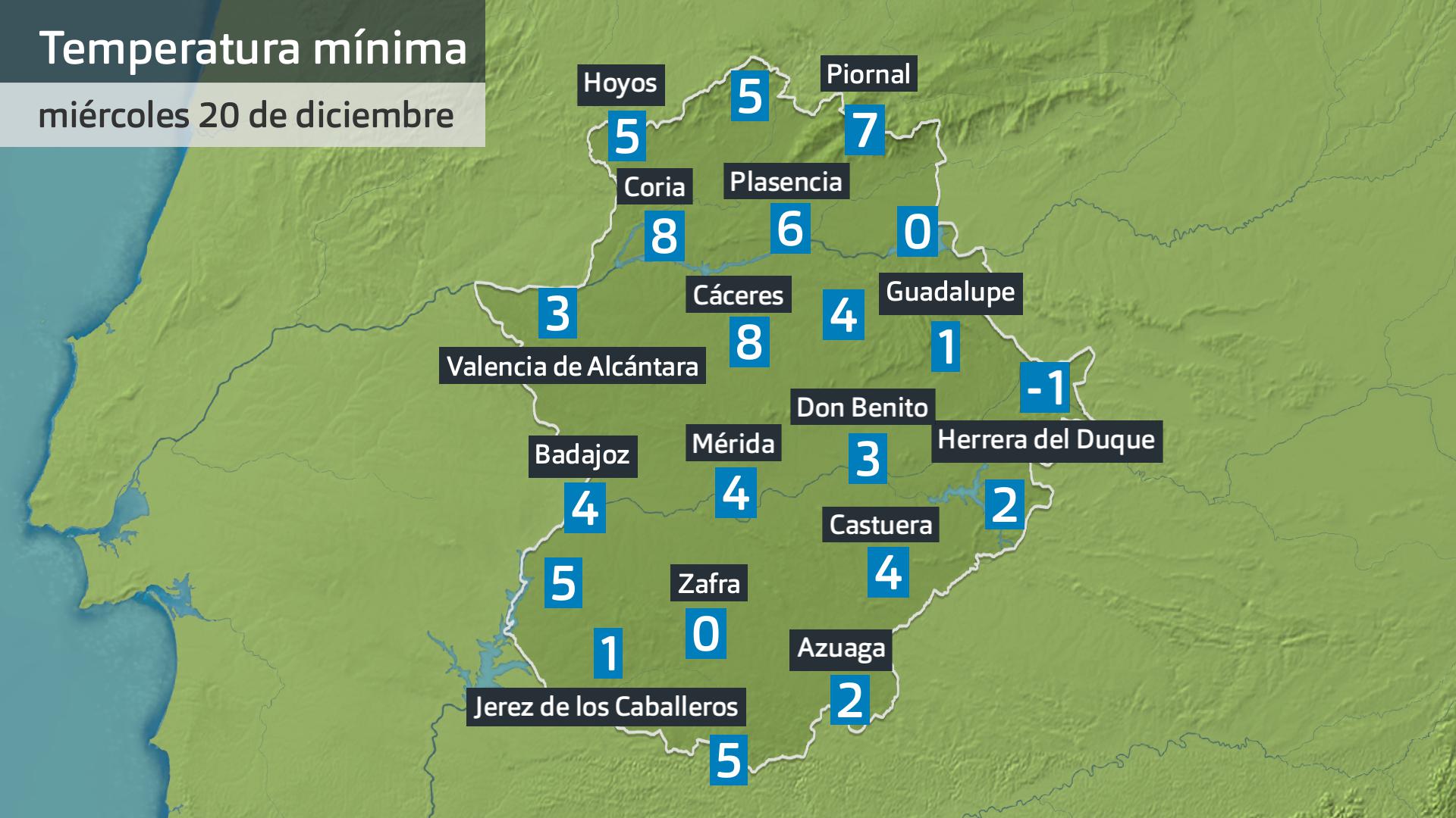 Temperatura mínima miércoles 20 de diciembre. Datos hatsa las 6:30 h. Aemet, Meteoclimatic et al.