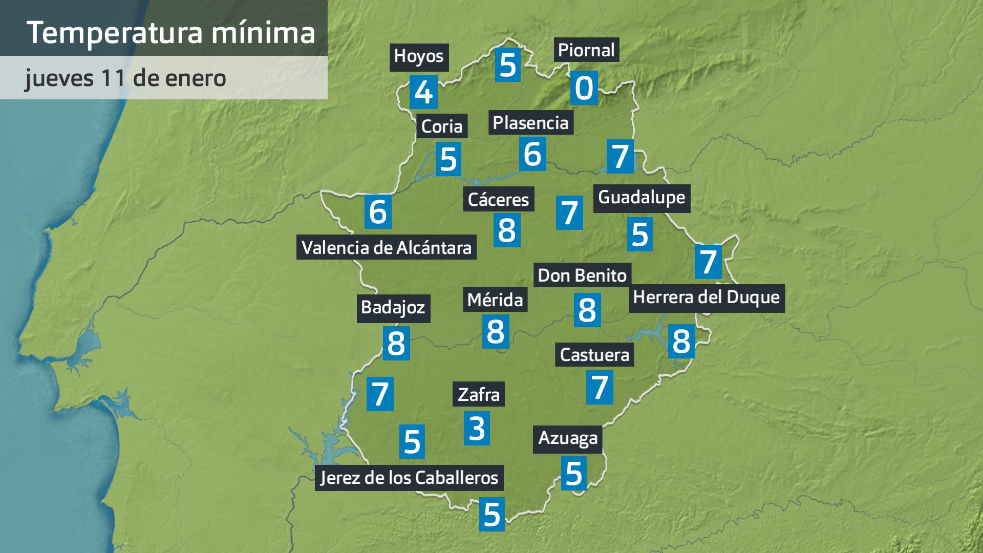 Temperatura mínima jueves 11 de enero. Datos hatsa las 6:30 h. Aemet, Meteoclimatic et al.