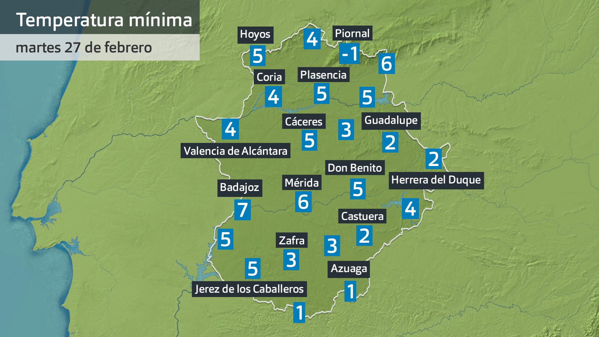 Temperatura mínima martes 27 de febrero. Datos hasta las 6:30 h. Aemet, Meteoclimatic et al.