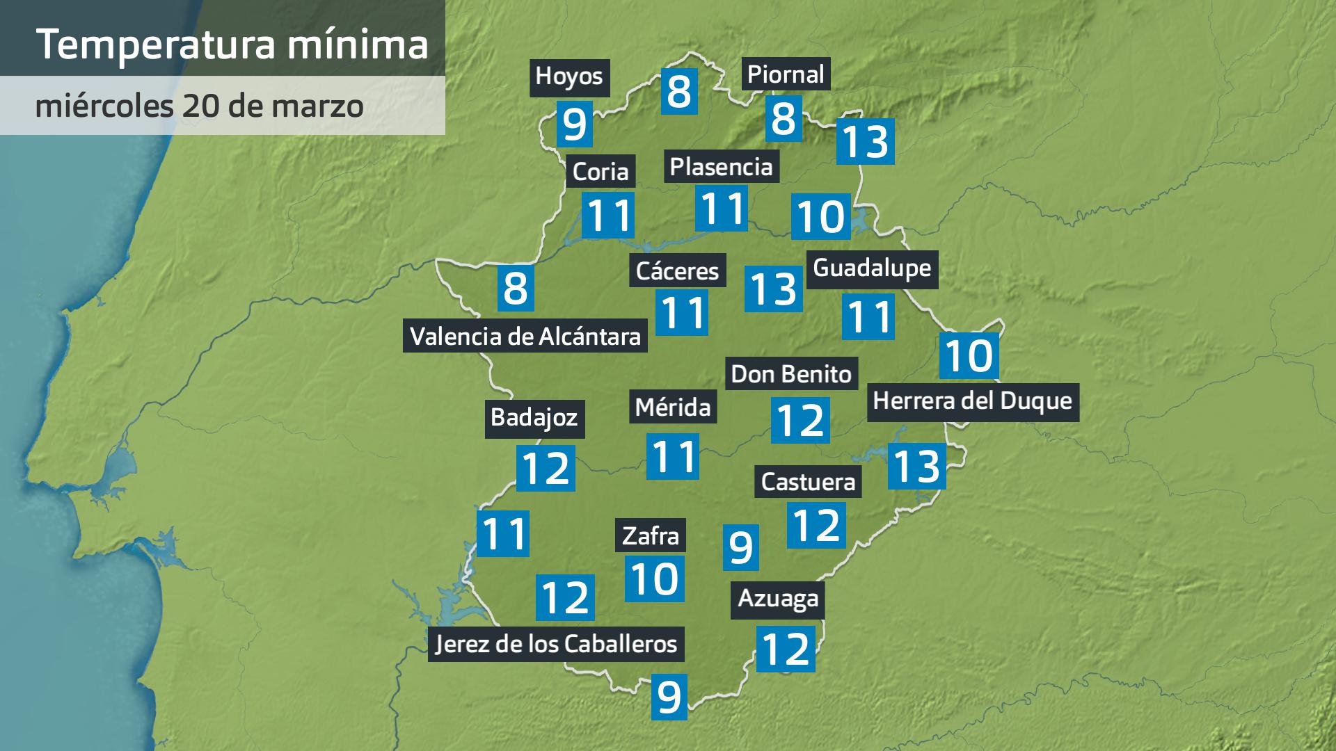 Temperatura mínima miércoles 20 de marzo. Datos hasta las 7:45 h. Aemet, Meteoclimatic et al.