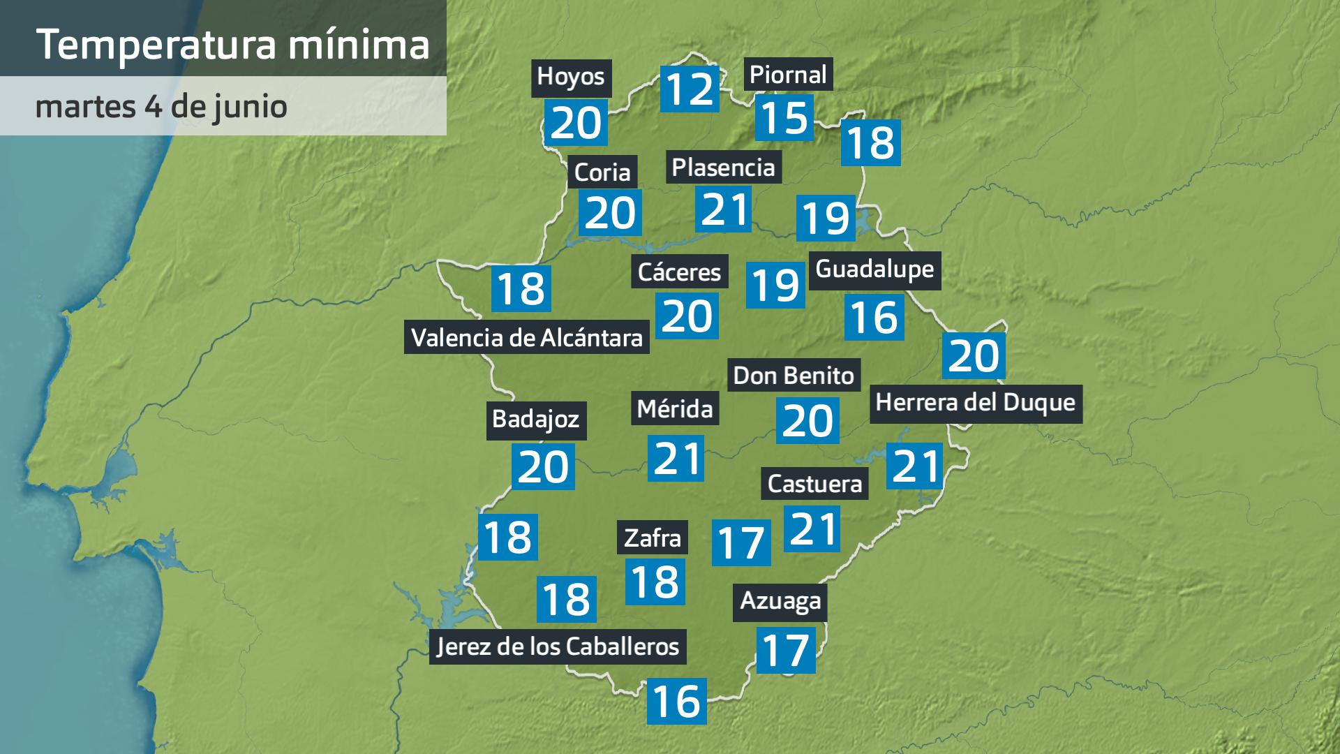 Temperatura mínima martes 4 de junio. Datos hasta las 6:45 h. Aemet, Meteoclimatic et al.