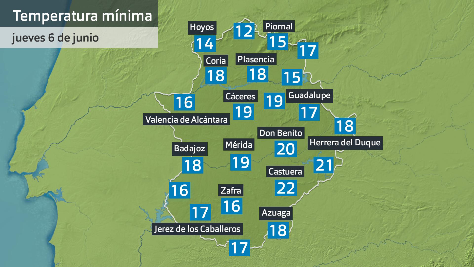 Temperatura mínima jueves 6 de junio. Datos hasta las 7:45 h. Aemet, Meteoclimatic et al.