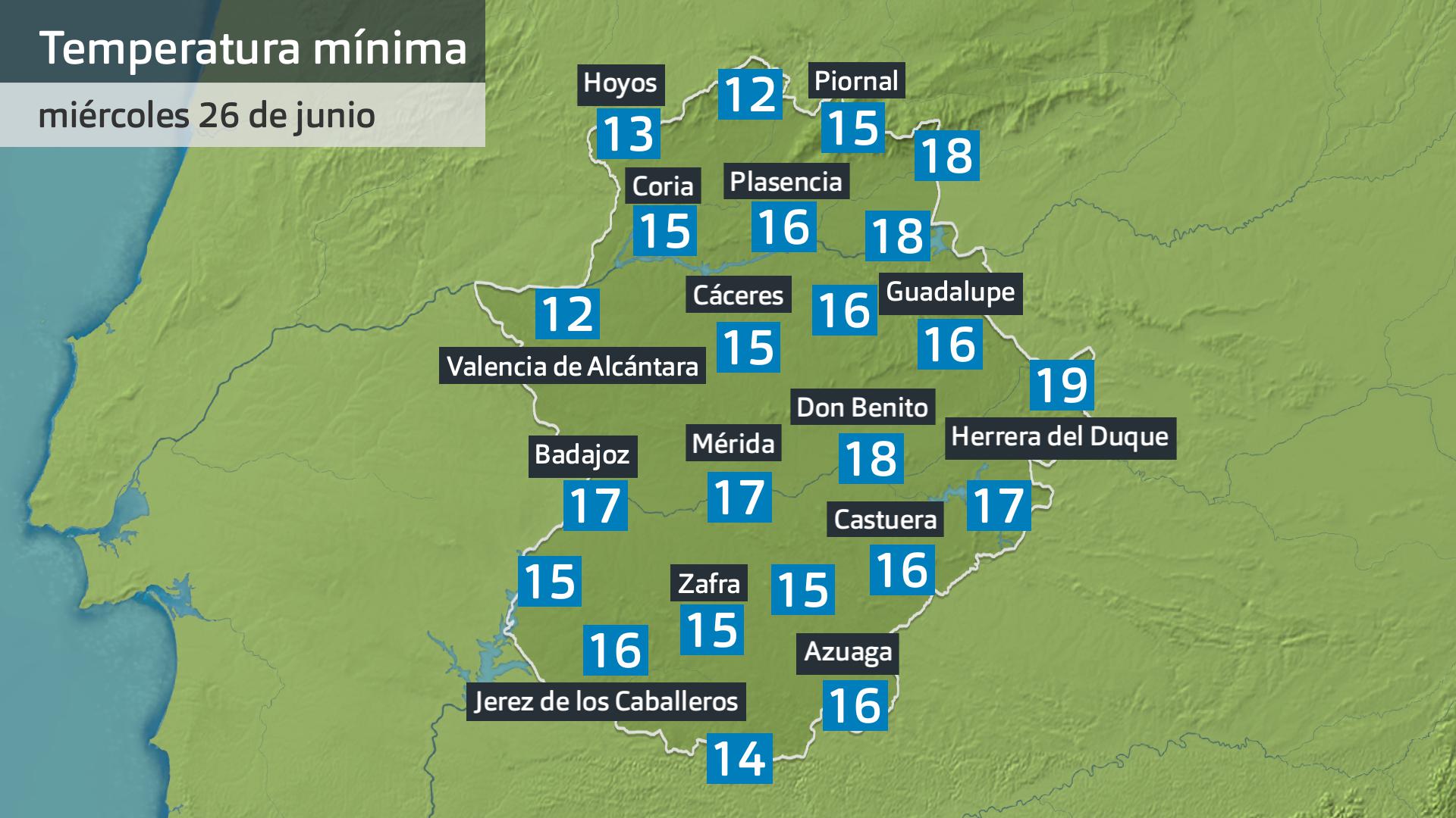 Temperatura mínima miércoles 26 de junio. Datos hasta las 7:45 h. Aemet, Meteoclimatic et al.