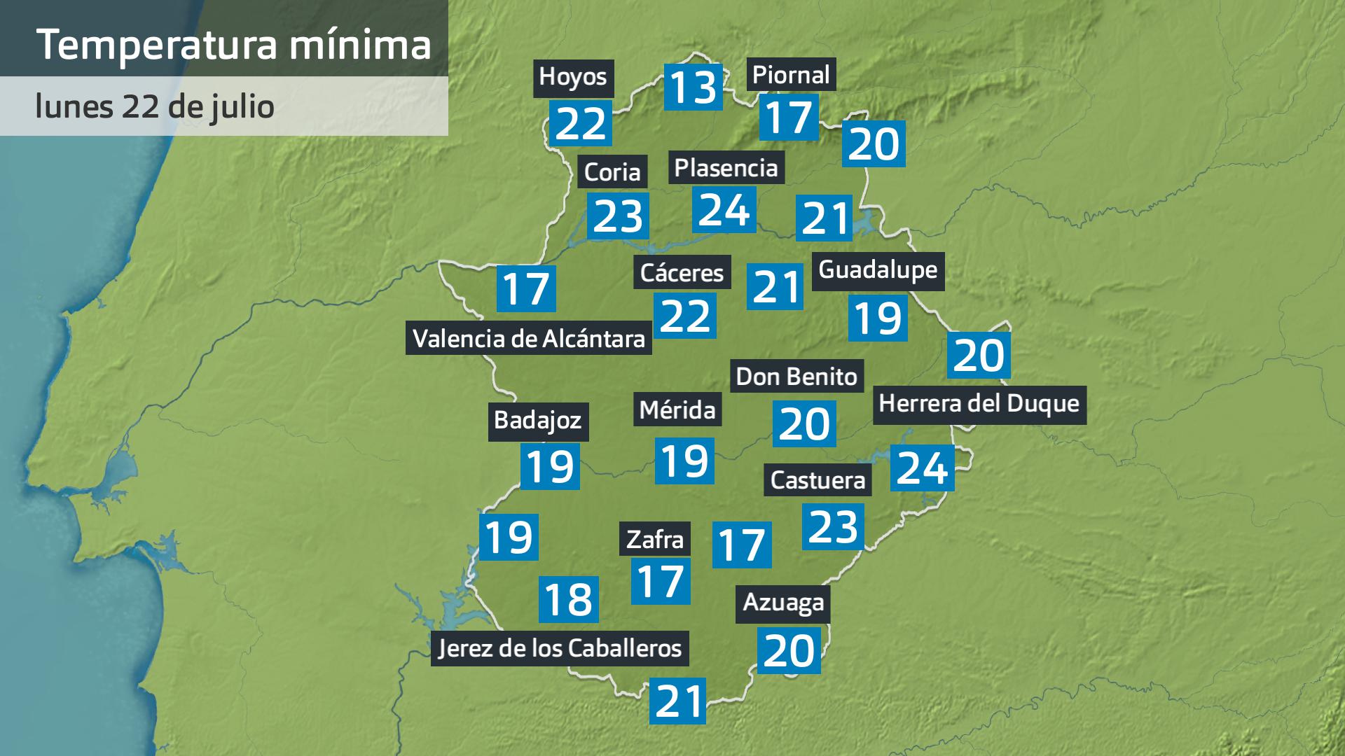 Temperatura mínima lunes 22 de julio. Datos hasta las 6:45 h. Aemet, Meteoclimatic et al.