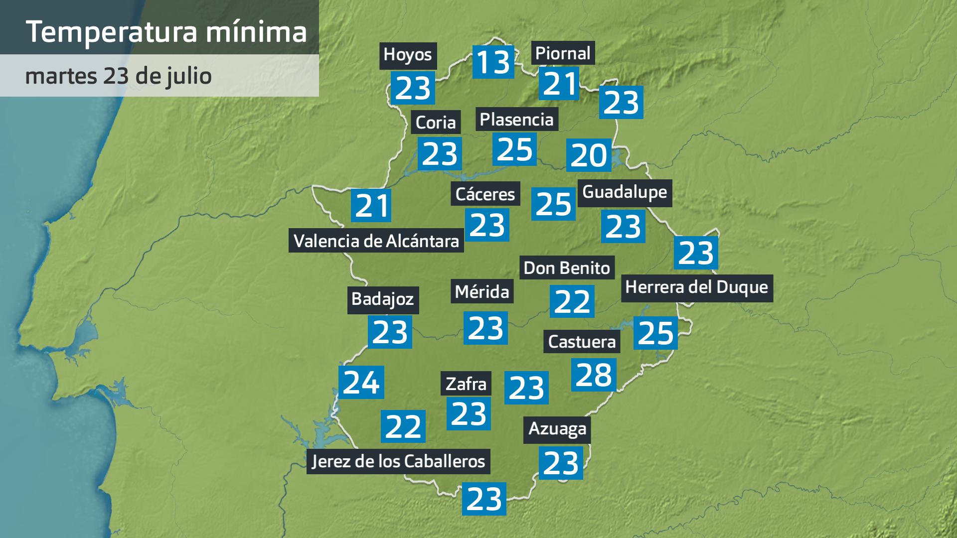 Temperatura mínima martes 23 de julio. Datos hasta las 6:45 h. Aemet, Meteoclimatic et al.