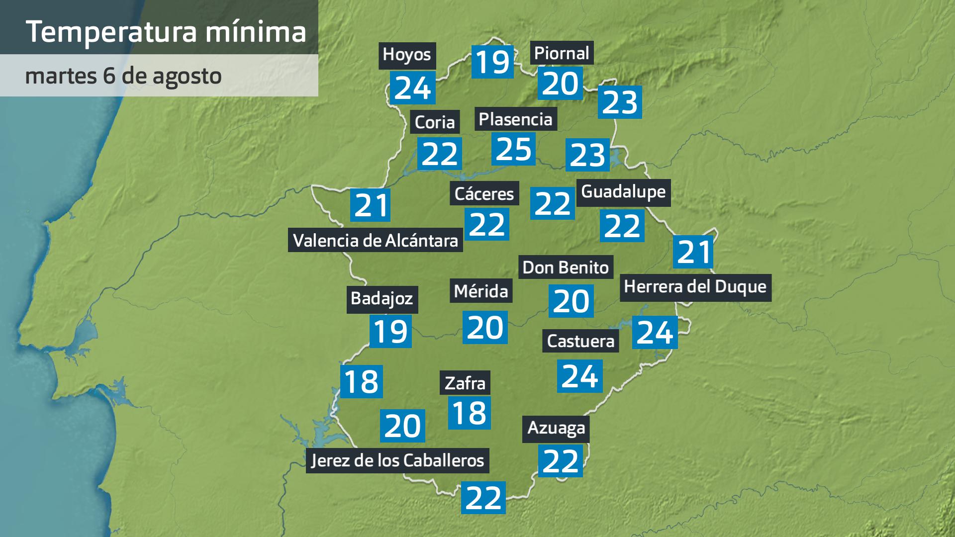 Temperatura mínima martes 6 de agosto. Datos hasta las 6:45 h. Aemet, Meteoclimatic et al.