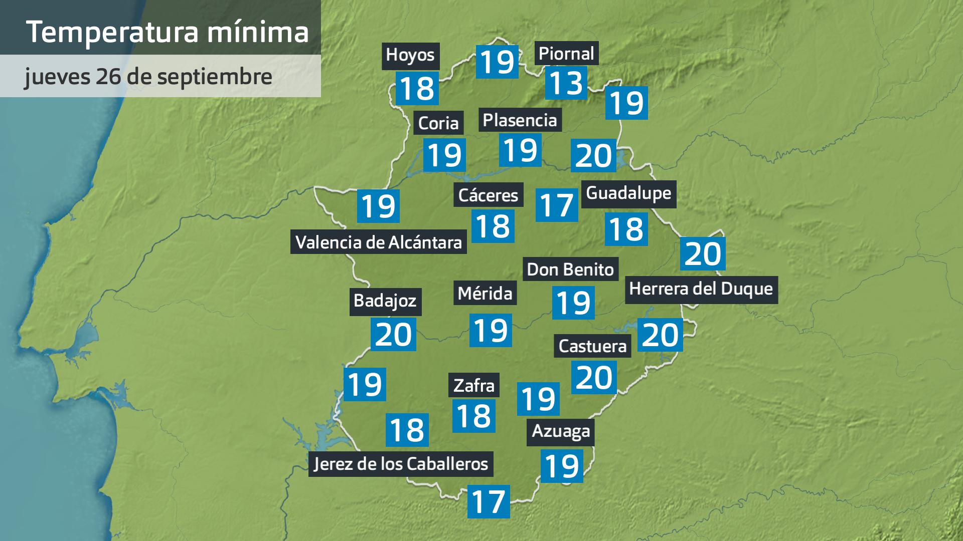 Temperatura mínima jueves 26 de septiembre. Datos hasta las 6:45 h. Aemet, Meteoclimatic et al.