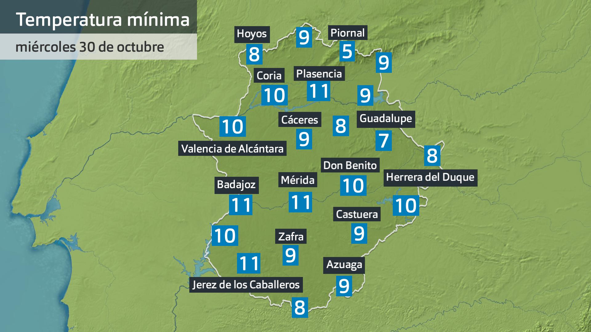 Temperatura mínima miércoles 30 de octubre. Datos hasta las 6:45 h. Aemet, Meteoclimatic et al