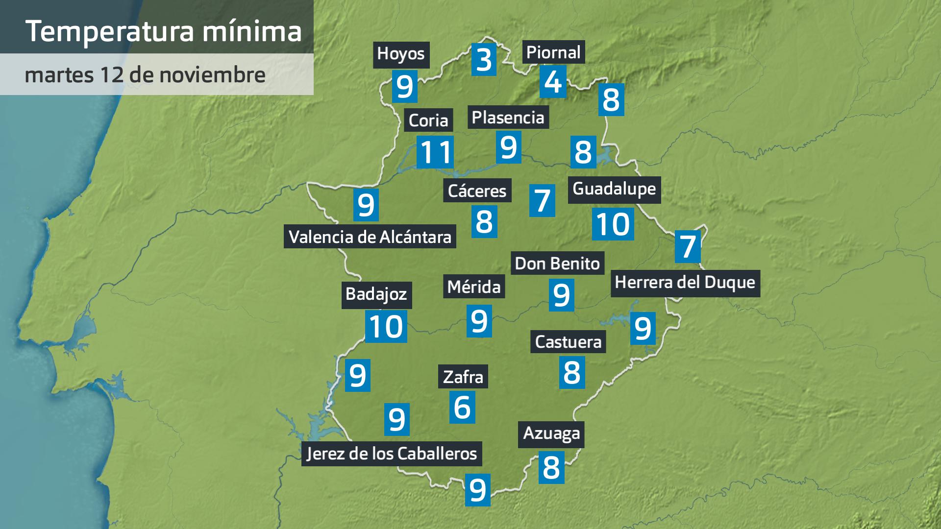 Temperatura mínima martes 12 de noviembre. Datos hasta las 6:45 h. Aemet, Meteoclimatic et al.