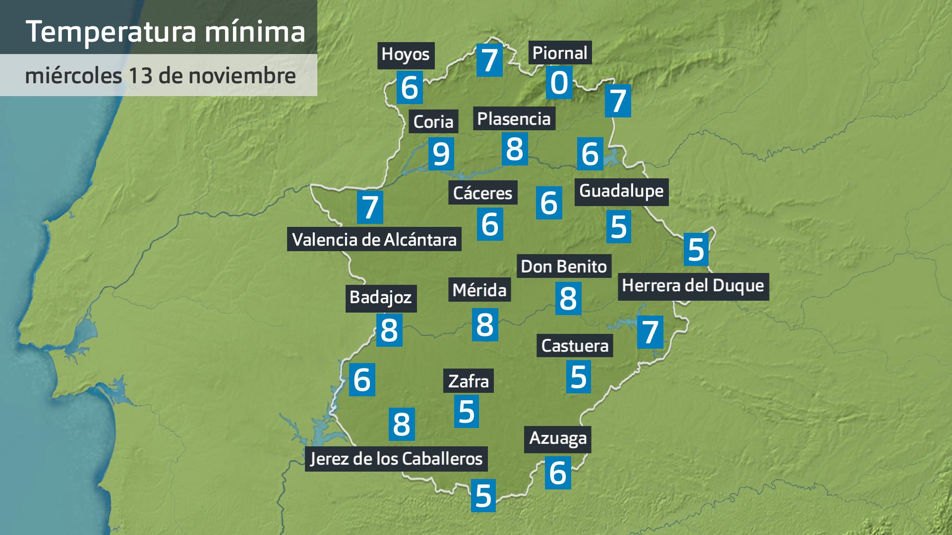 Temperatura mínima miércoles 13 de noviembre. Datos hasta las 6:45 h. Aemet, Meteoclimatic et al.