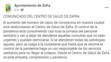 Comunicado del centro de salud de Zafra