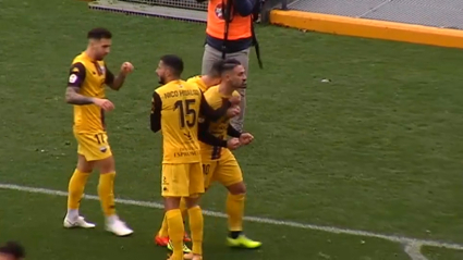 Los almendralejenses celebrando un gol en una jornada anterior