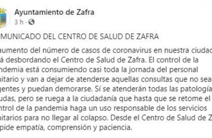 Comunicado del centro de salud de Zafra