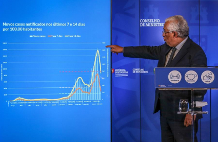 El primer ministro portugués Antonio Costa habla a los periodistas sobre las medidas a adoptar en la renovación del estado de emergencia que estará vigente hasta el 1 de marzo durante la rueda de prensa posterior al Consejo de Reunión de ministros celebrada en el Palacio de Ajuda en Lisboa