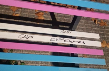 Detalle de los insultos homófobos que han aparecido en uno de los bancos del Paseo de la Diversidad de Cáceres.