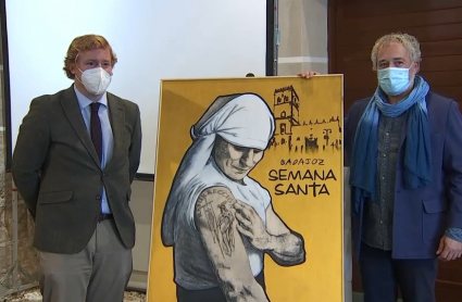 Ignacio Gragera y José Manuel Gamero Gil junto al cartel de la Semana Santa de Badajoz