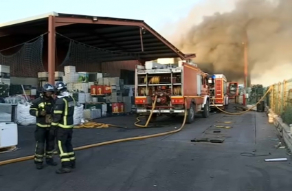 Bomberos trabajan en la extinción del incendio declarado en la planta de Lobón